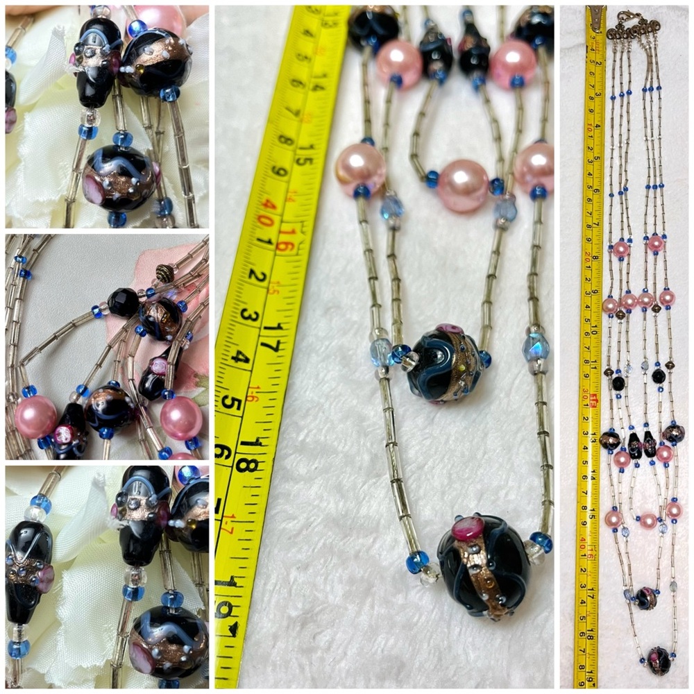 Vintage 3-strand Wedding Cake Beaded Necklace with Bugle Beads & Pink Pearls - Picture 4 of 15